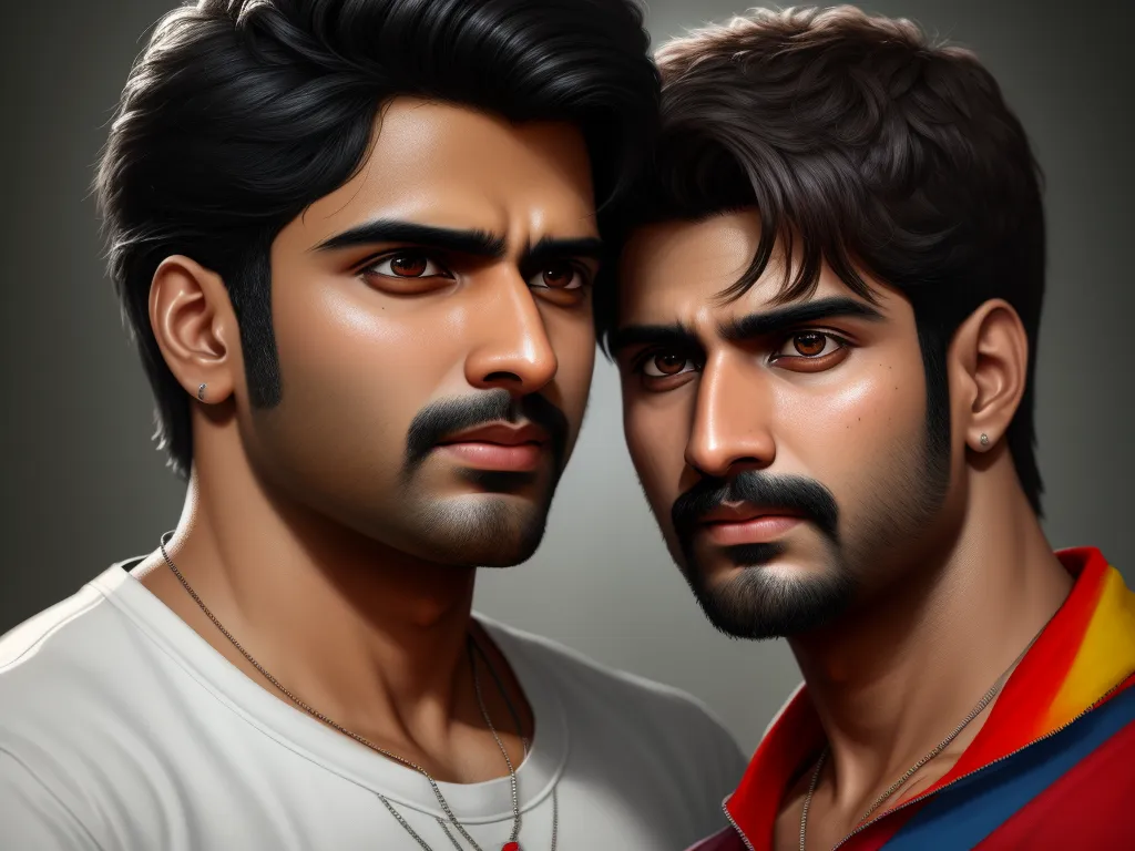turn photos to 4k - two men are standing next to each other with a dark background and one is wearing a white shirt and the other is a red shirt, by Lois van Baarle