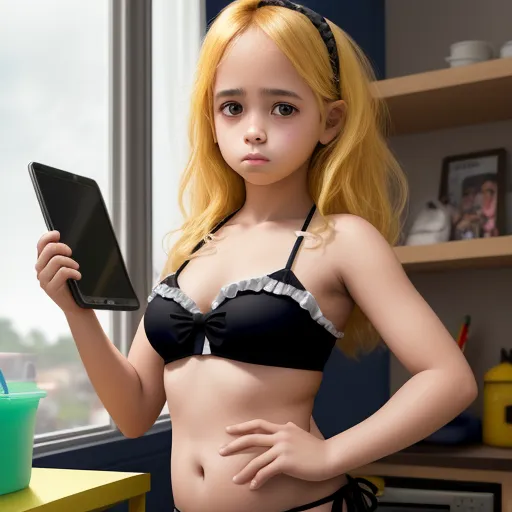 a cartoon girl in a bikini holding a tablet computer in her hand and looking at the camera with a serious look on her face, by Terada Katsuya