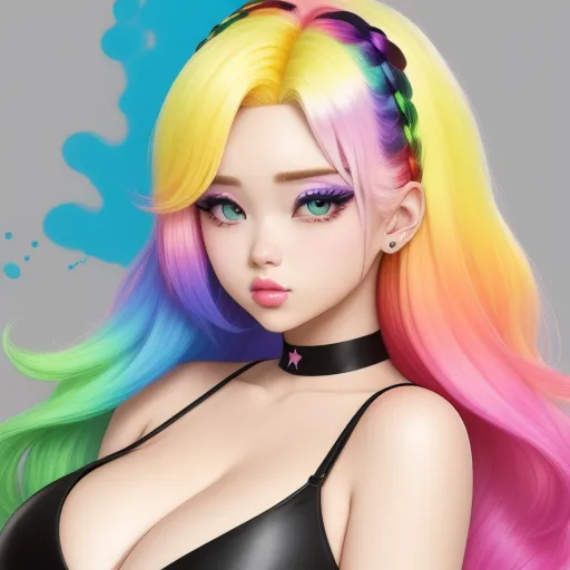 image sharpener - a very pretty girl with colorful hair and a choker on her neck and chest, with a black bra, by Takashi Murakami