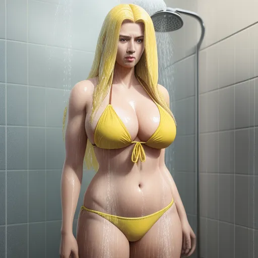 turn photos to 4k - a woman in a yellow bikini standing in a shower with a shower head and shower head in the background, by Terada Katsuya