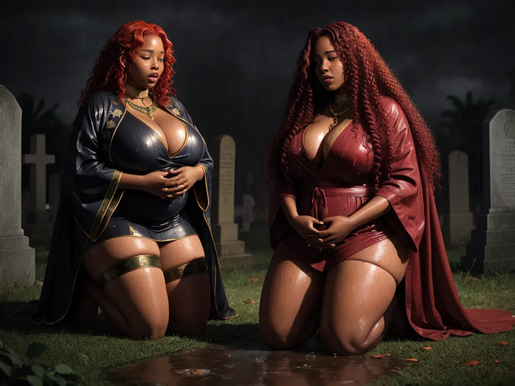 two women dressed in costumes sitting on a grave in a cemetery at night with a dark sky behind them, by Billie Waters