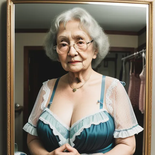 best text to image ai - a woman in a blue dress is looking at her reflection in a mirror with a bra on her chest, by Alec Soth