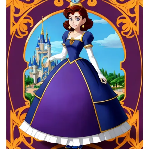 a cartoon of a woman in a blue dress with a castle in the background and a purple background with gold trim, by Rebecca Sugar