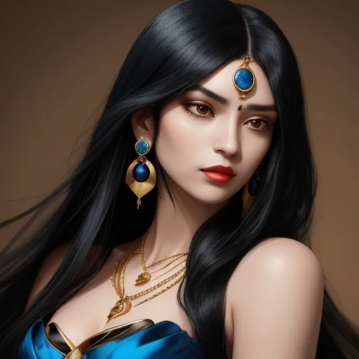 a woman with long black hair wearing a blue dress and gold jewelry and earrings with a red lip and a brown background, by Lois van Baarle