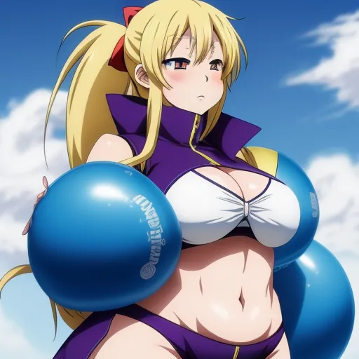 ai image generator names - a woman in a bikini with a big breast and a blue ball around her waist, standing in the sky, by Hiromu Arakawa