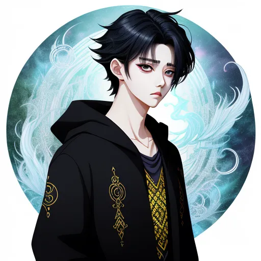 a man with black hair and a hoodie with a dragon on it's back and a blue background, by Chen Daofu