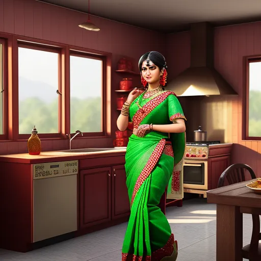 best text-to image ai - a woman in a green sari standing in a kitchen with a table and a stove top oven in the background, by Hendrik van Steenwijk I