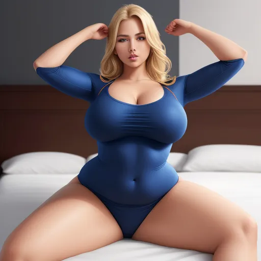 ai genrated images - a woman in a blue bodysuit poses on a bed with her arms behind her head and her right arm behind her head, by Terada Katsuya