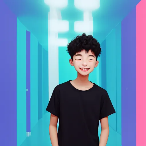 low quality picture - a young boy standing in a hallway with a black shirt on and a pink and blue background with a pink and blue background, by Liu Ye