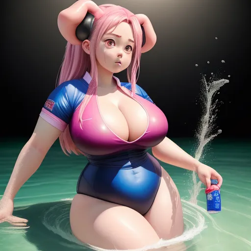 a cartoon girl in a bathing suit in the water with a bottle of water in her hand and a bottle of water in her other hand, by Hirohiko Araki