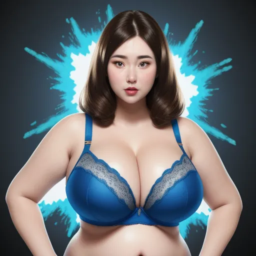 a woman in a blue bra with a blue background and a blue spray effect behind her is a large breast, by Terada Katsuya