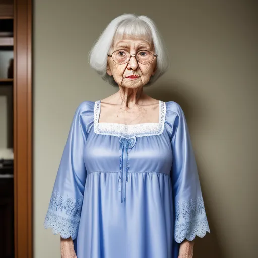 an old woman in a blue dress standing in front of a mirror with her hands on her hips and looking at the camera, by Alec Soth