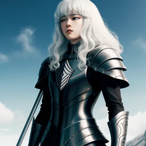 4k resolution picture converter - a woman in a black and silver outfit with a sword in her hand and a mountain in the background, by Kentaro Miura