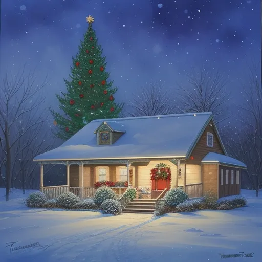 make any photo hd - a painting of a christmas tree in the snow with a lit house in the background and a lit wreath on the porch, by Edward Lamson Henry