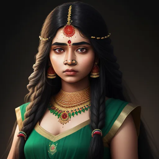 upscaler - a woman with a nose ring and a necklace on her head and a nose ring on her head, wearing a green saree, by Raja Ravi Varma