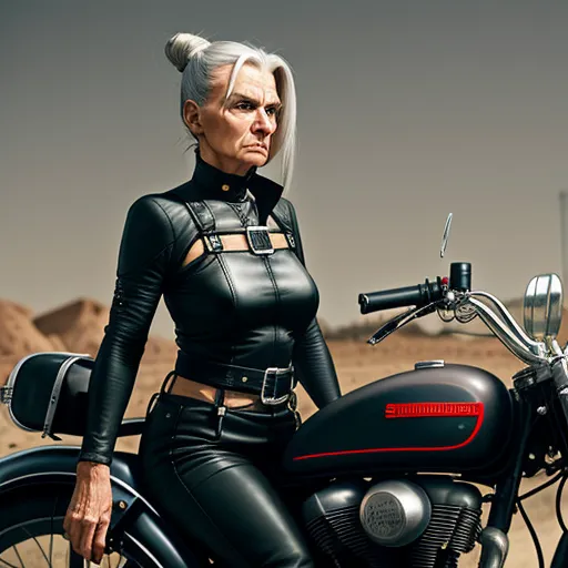 a woman in a black outfit is sitting on a motorcycle in the desert with a desert background and a desert landscape, by Filip Hodas