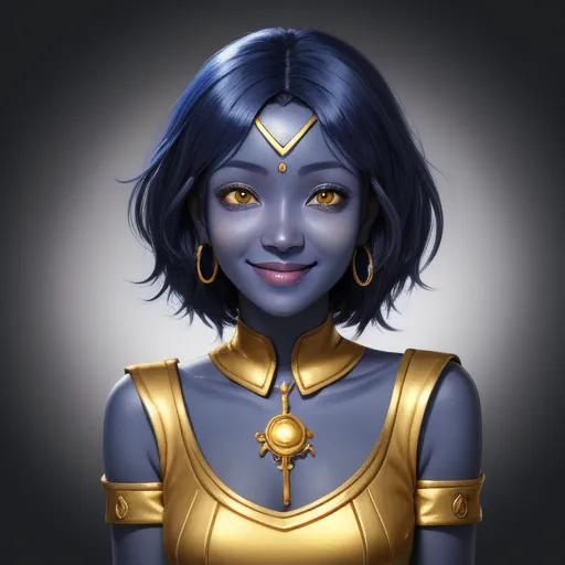 generate picture from text - a woman with blue hair and gold armor on her face and shoulders, with a cross on her chest, by Lois van Baarle