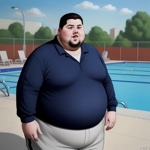 ai generated images from text - a fat man standing in front of a swimming pool with a large belly and a blue shirt on his shirt, by Botero