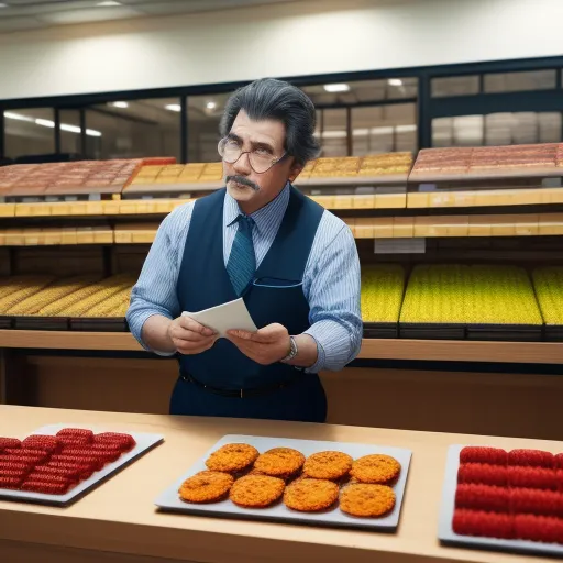 enhance image quality - a man in a blue shirt and tie standing in front of a counter with pastries and cookies on it, by Gregory Crewdson