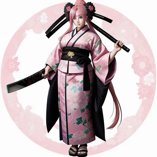 a woman in a pink kimono holding two samurai swords in her hand and a pink background with a circle with flowers, by Hanabusa Itchō