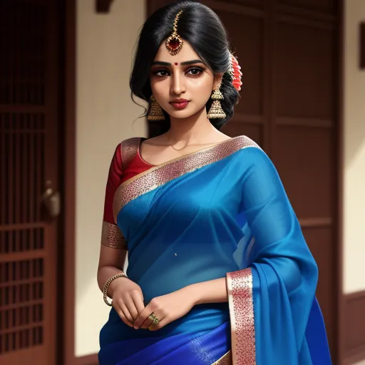 a woman in a blue and red sari with a gold border on her neck and shoulder, standing in front of a doorway, by Raja Ravi Varma