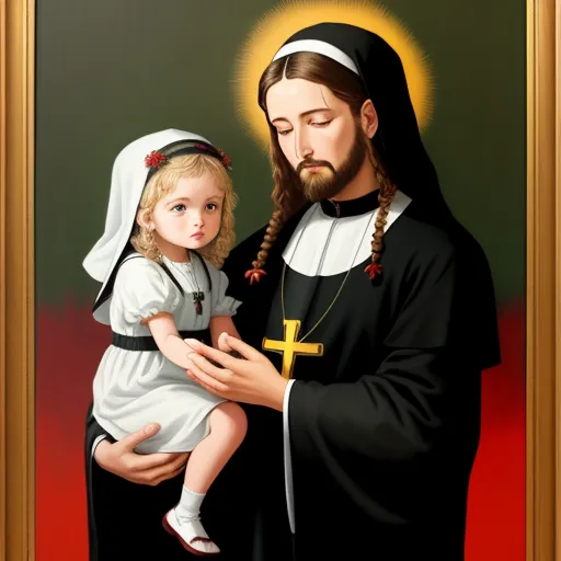 a painting of a man holding a little girl in his arms and a cross on his chest, with a green background, by Francisco Oller