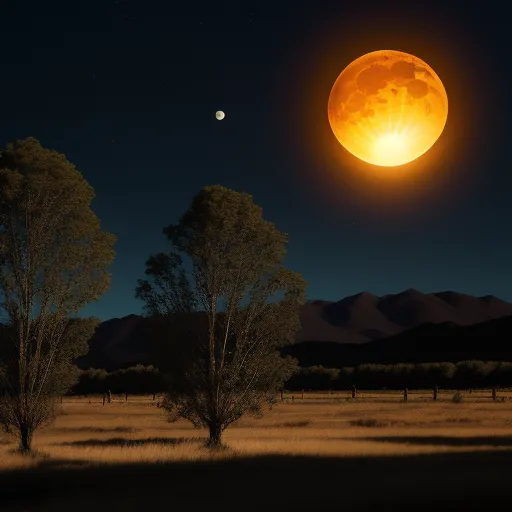 a full moon is seen over a field with trees in the foreground and a distant mountain range in the background, by David A. Hardy