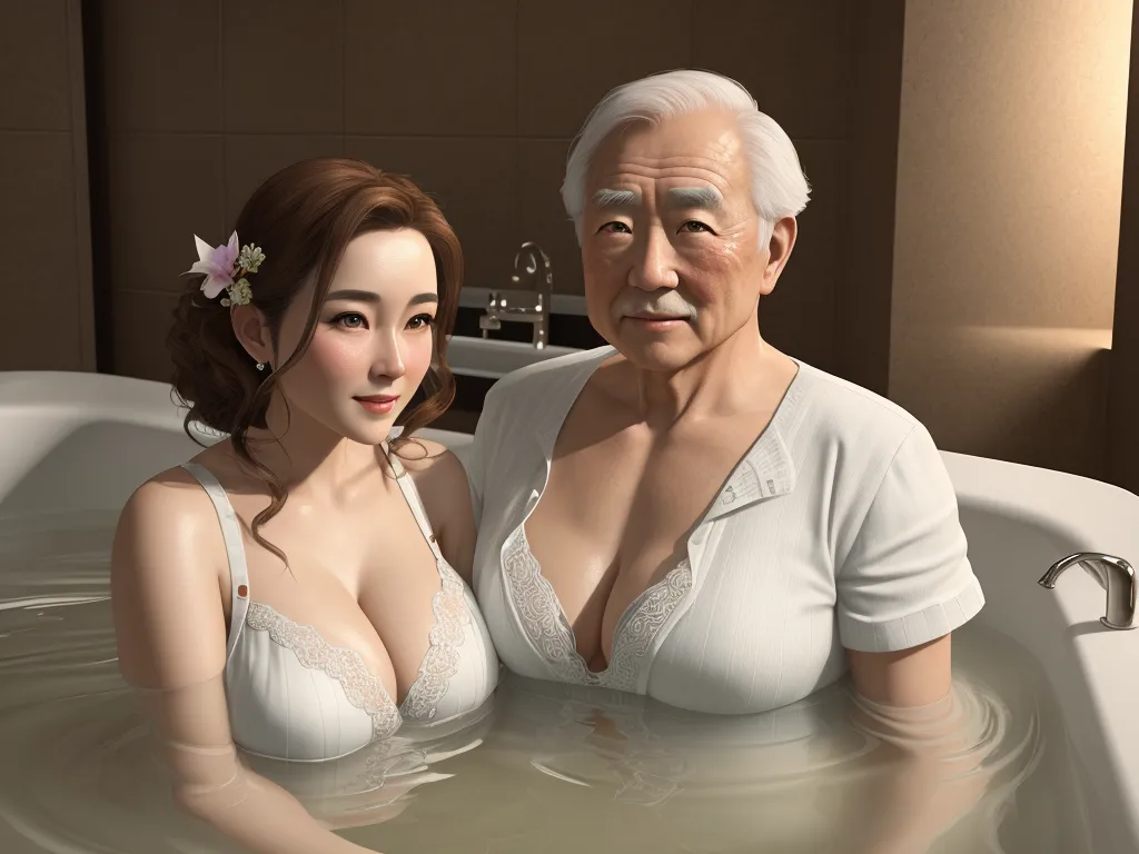 a woman and an older man are in a bathtub together, both wearing bras and bras, by Shusei Nagaoko