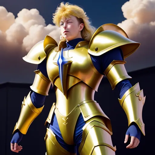 ai text image generator - a woman in a gold armor standing in front of a cloudy sky with clouds behind her and a blue and gold suit, by Hirohiko Araki