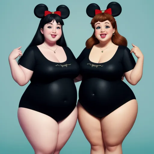 upscaler - two women in black outfits with red bows on their heads and big breasts, both wearing black underwear and red bows, by Hanna-Barbera