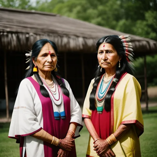 two native american women standing next to each other in front of a hut with grass and trees in the background, by Kent Monkman