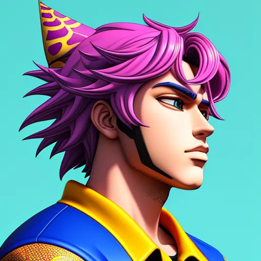 a cartoon character with a purple hair and a blue shirt and a yellow hat on his head and a blue background, by Hirohiko Araki