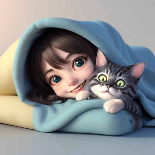 hd images - a girl holding a cat under a blanket on a bed with a blue blanket on it's back, by Daniela Uhlig