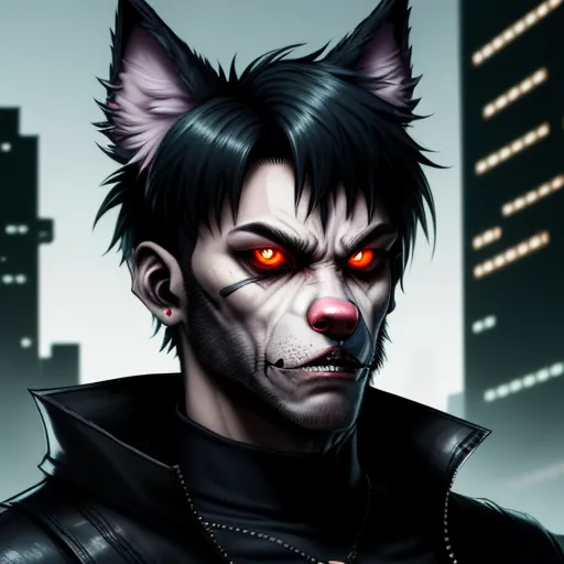 ai based photo enhancer - a man with a wolf face and red eyes in a city setting with skyscrapers in the background,, by Terada Katsuya