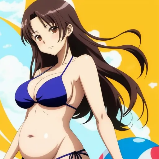 high res images - a woman in a bikini standing in front of a yellow background with a blue sky and clouds behind her, by Toei Animations