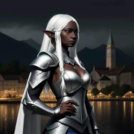 generate ai images - a woman dressed in a silver outfit standing in front of a lake with a castle in the background at night, by Antonio J. Manzanedo