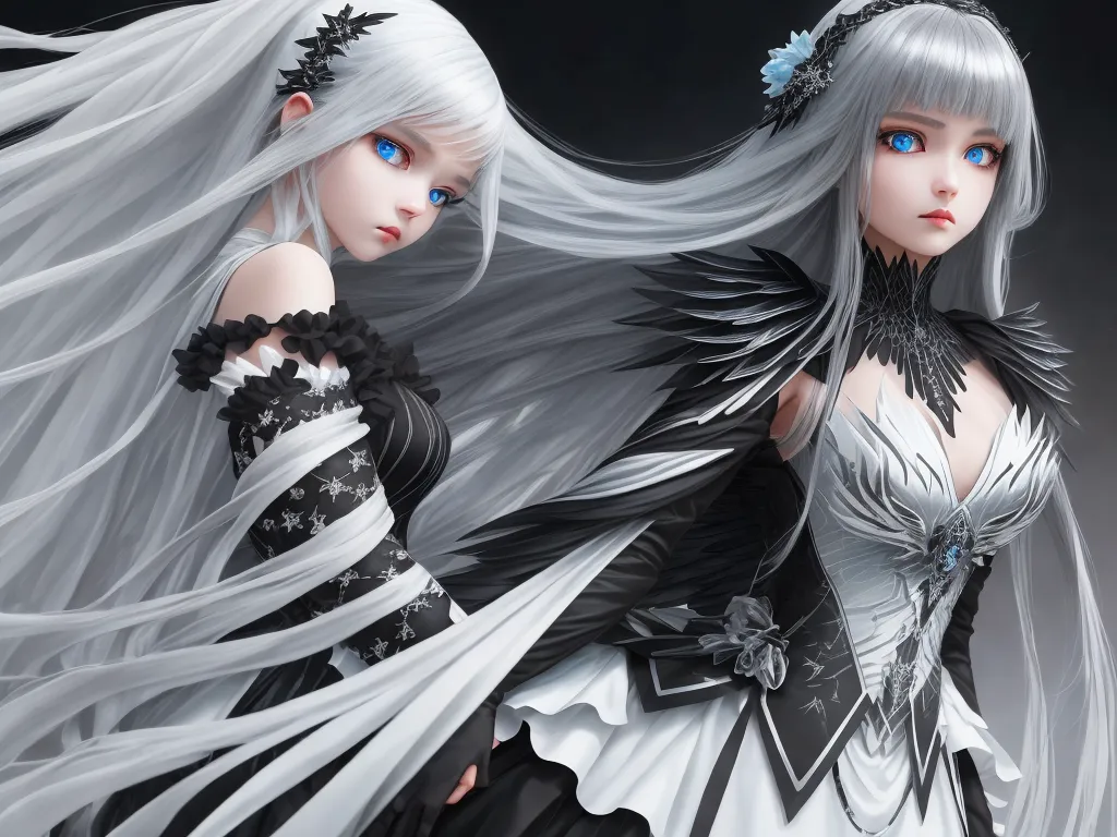 two women dressed in white and black with long white hair and blue eyes, one with blue eyes and the other with blue eyes, by Hanabusa Itchō
