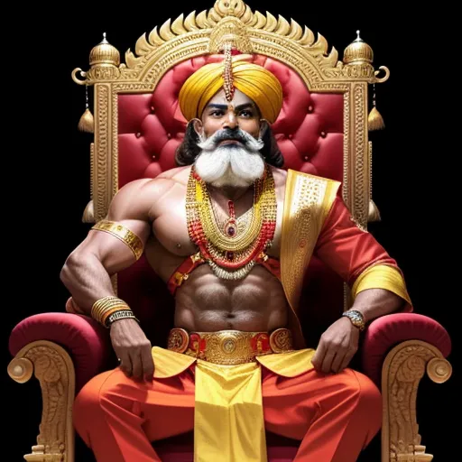 image high - a man sitting on a throne with a beard and mustache on it's head and wearing a turban, by Raja Ravi Varma