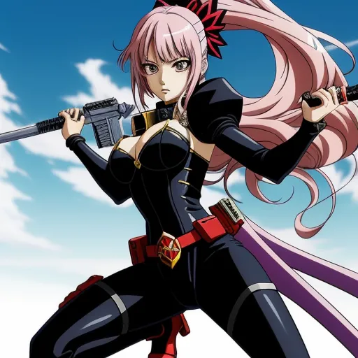 a woman in a black outfit holding a gun and a gun in her hand with a sky background behind her, by Toei Animations