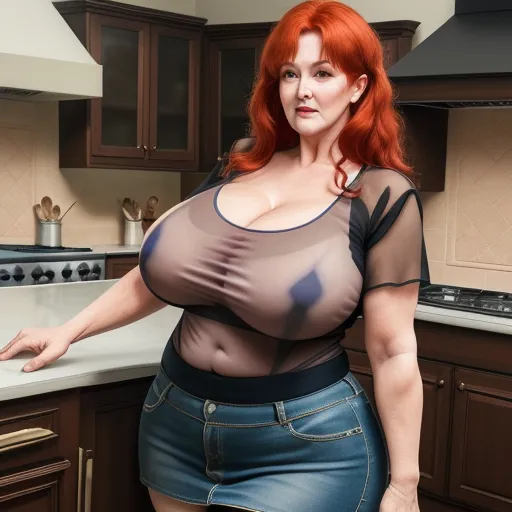 a woman in a sheer top posing in a kitchen with a counter top and cabinets behind her, with a knife in her hand, by Billie Waters