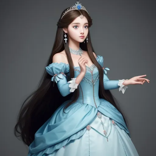 a young girl dressed in a blue dress and tiara with long hair, wearing a tiara and holding a hand out, by Chen Daofu