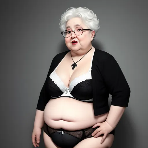 ai image enlarger - a woman in a black and white bra and glasses is posing for a picture with her belly exposed and her hands on her hips, by Botero