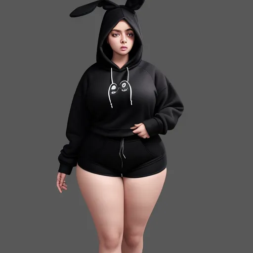 a woman in a black bunny ears hoodie and shorts is posing for a picture with her hands on her hips, by Chen Daofu