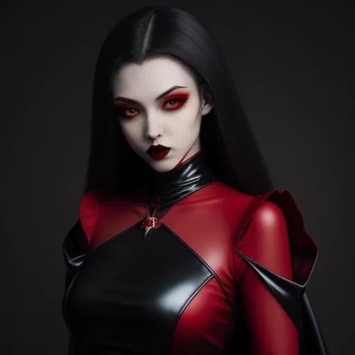 hd quality photo - a woman in a red and black outfit with red eyes and black hair, with a black background and a black background, by Terada Katsuya