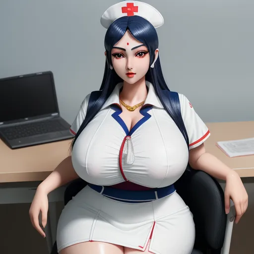 ai image generator from image - a woman in a nurse outfit sitting at a desk with a laptop computer on it's desk top, by Toei Animations