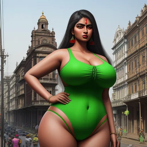 a woman in a green bodysuit standing in a street with a clock tower in the background and a crowd of people, by Hendrick Goudt