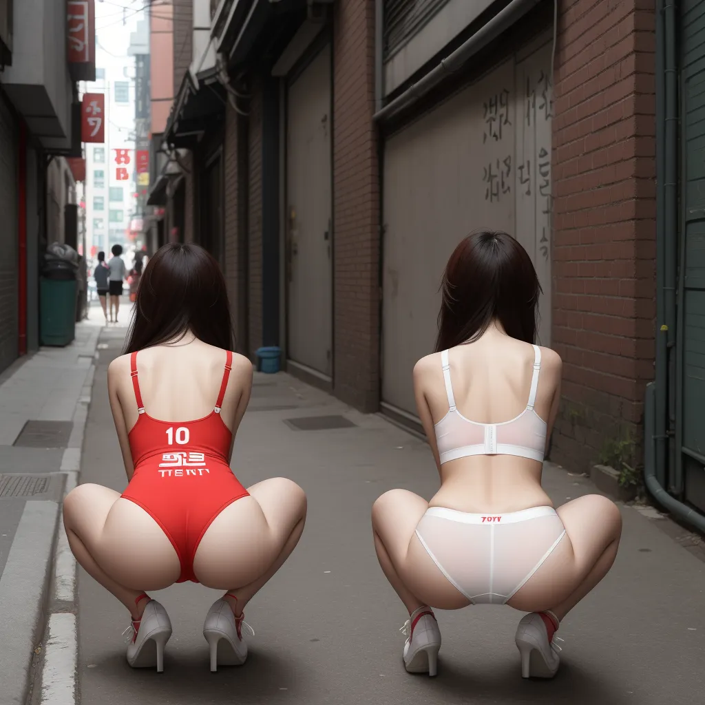 high res images - two women in underwear sitting on the sidewalk in front of a building on a city street with a red sign, by Chen Daofu