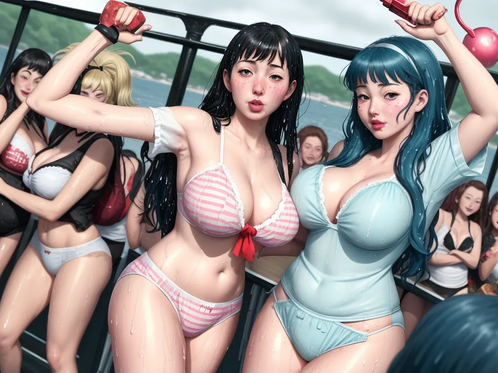 turn photo hd - a group of women in bikinis standing next to each other on a boat with a man in the background, by Hirohiko Araki