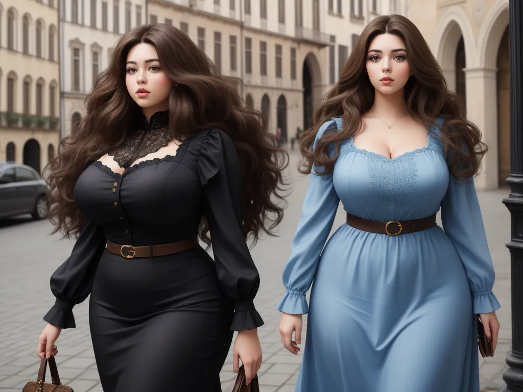 make picture higher resolution - two women in dresses walking down a street together, one in a blue dress and the other in a black dress, by Botero