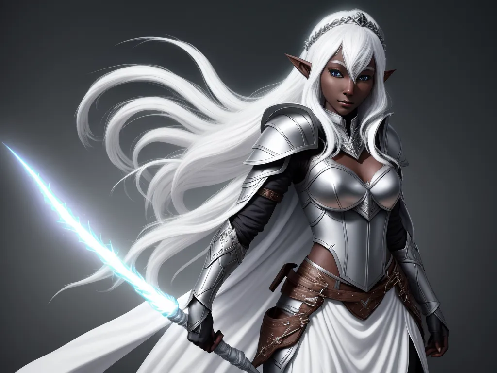 what is high resolution photo - a woman in a white dress holding a sword and a sword in her hand with a white hair and a white dress with a blue light shining sword, by Daniela Uhlig